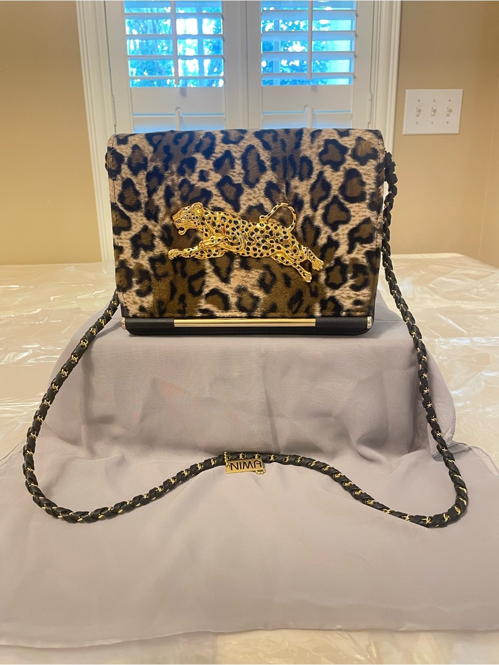 Vintage NIMA Leopard-Print Shoulder Bag with Gold Leopard Brooch & Ribbon Chain